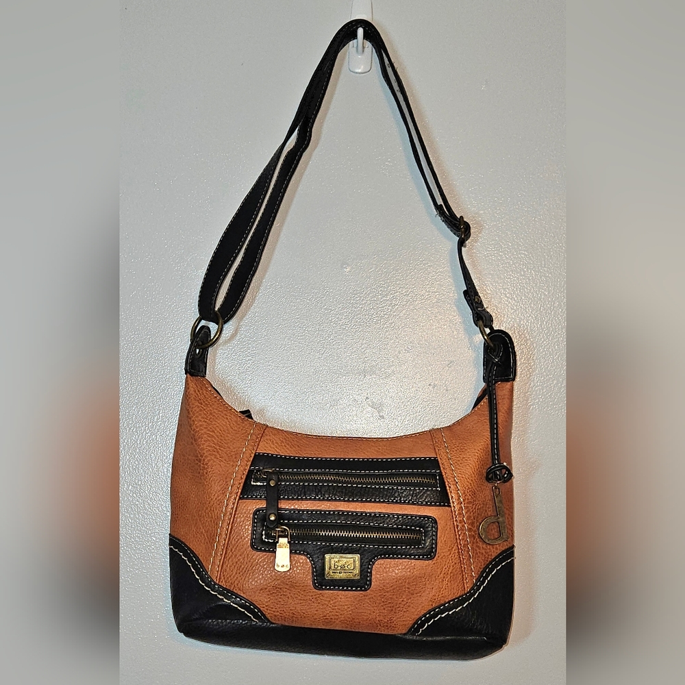 B.O.C. Faux Pebbled Leather Shoulder Bag Tan/Black w/ Power Bank Pocket